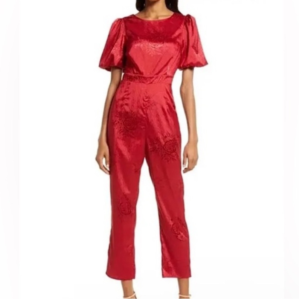 New Lulus Time After Time Floral Jacquard Satin Open Back Jumpsuit - Deep Red
